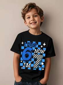 Boys' And Girls' Birthday T-Shirts For Ages 6 And 7 – "I'm 6, Now I'm 7" Blue Plaid 7-Year-Old Themed Set - 黑色 - 查看 1