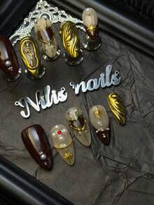 10pcs Handmade Complete Nail Set, Featuring Almond Shaped Burgundy&Gold Nails With Burgundy French Accents Punk Rock Hot Metal Texture 3D Decorative Spring And Summer Nail Set, Hand Drawn Hearts, 3D Matching With Roses Suitable For Girls To Wear On A Daily Basis And Attend Gatherings, Themed Parties, And Other Events. Comes With 1 Mini Nail File And 1 Double-Sided Adhesive Label. - Burgundy - View 7