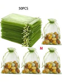 100/50/10个装水果保护袋，轻便耐用的绿色网状阻隔袋，带抽绳，适用于葡萄、草莓和园艺植物，防止昆虫和鸟类侵害，适合防治病虫害和种植水果蔬菜，也可用于存放化妆品、珠宝、糖果等。