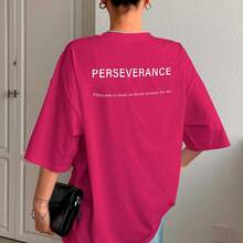 T-Shirt With "Perseverance" Print Lettering. Minimalist, Casual, Modern, Sophisticated, Simple, Basic, Summer, Oversized. - Pink - View 9