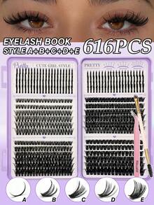 Rikuaild 616片卡通尖翹感睫毛簇 40D/60D/80D/100D 混款睫毛書，仙女風尖翹分段假睫毛，適合初學者，可重複使用，分段式假睫毛，含化妝工具鑷子與睫毛刷的接睫毛套組，適合節日派對、聖誕襪填充物、聖誕禮物 - D - 查看 12