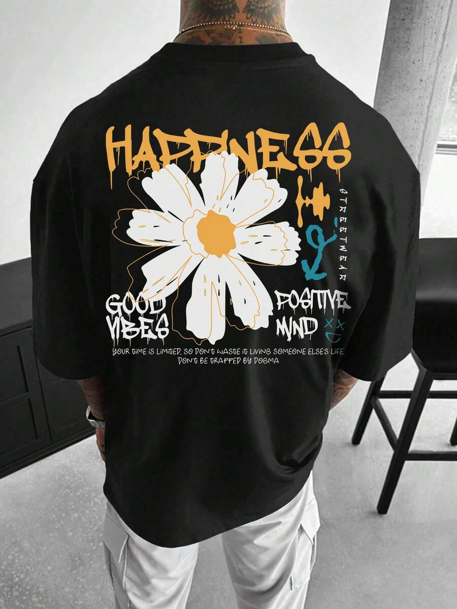 男士时尚印花短袖T恤 - 黑色 - 查看 1