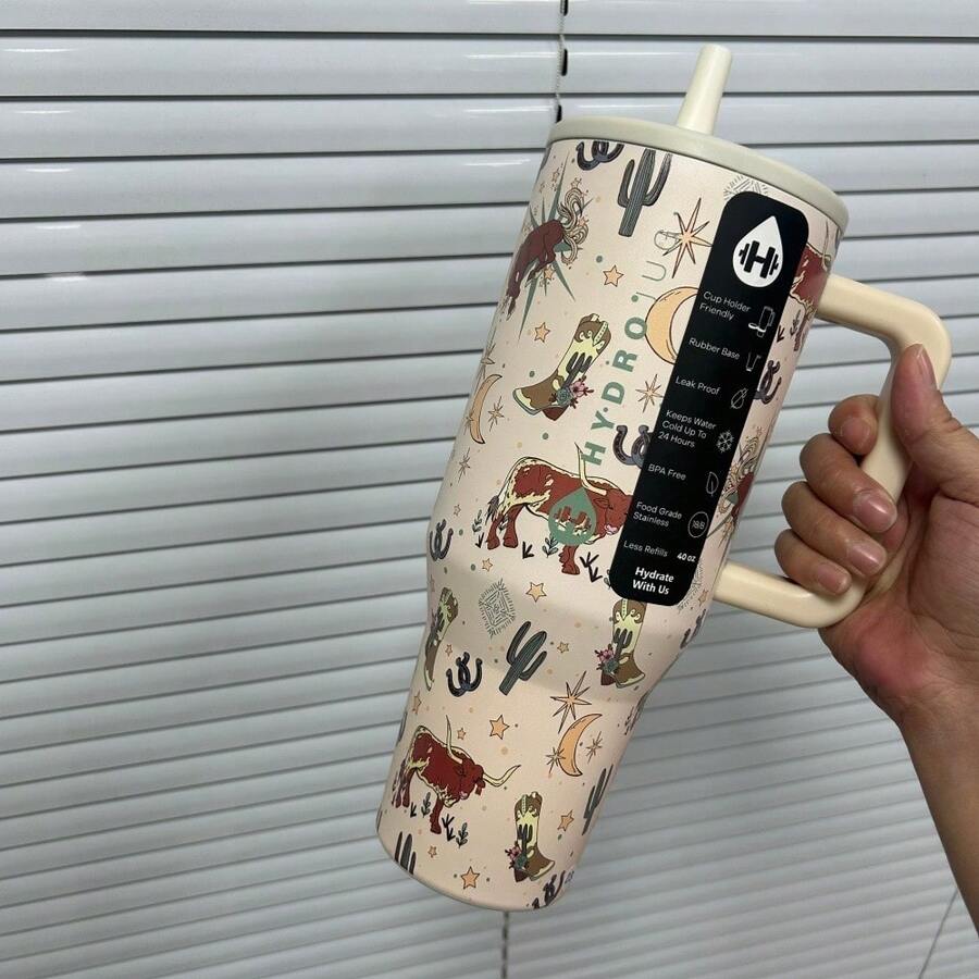 (Hydr0jugg)32/40 Oz Large-Capacity Water Bottle - New Printed Design, Stainless Steel Inner Lining, And Long-Lasting Insulation (Hot & Cold Retention). Features A Lockable Lid That Prevents Leaks Even When Inverted. Dual-Spout Design For Practical Use: The Direct Sip Spout Allows Quick Hydration, While The Straw Spout Is Ideal For Drinking During Busy Workdays. Suitable For Both Home And On-The-Go Use, This Versatile Insulated Bottle Meets All Your All-Day Hydration Needs!Ideal Gift For Valentine's Day, Easter, Mother's Day, Father's Day, Halloween And Christmas Eve. - 40oz西部牛仔 - 查看 1