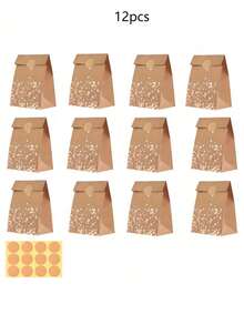 12pcs Rose Golden Kraft Paper Gift Bags Set – 12 Matching Stickers Included, Beige & Golden Durable Material, Label-Friendly | For New Year Weddings, Birthdays, Showers & Tea Parties (Bulk Gift Wrap Supplies)