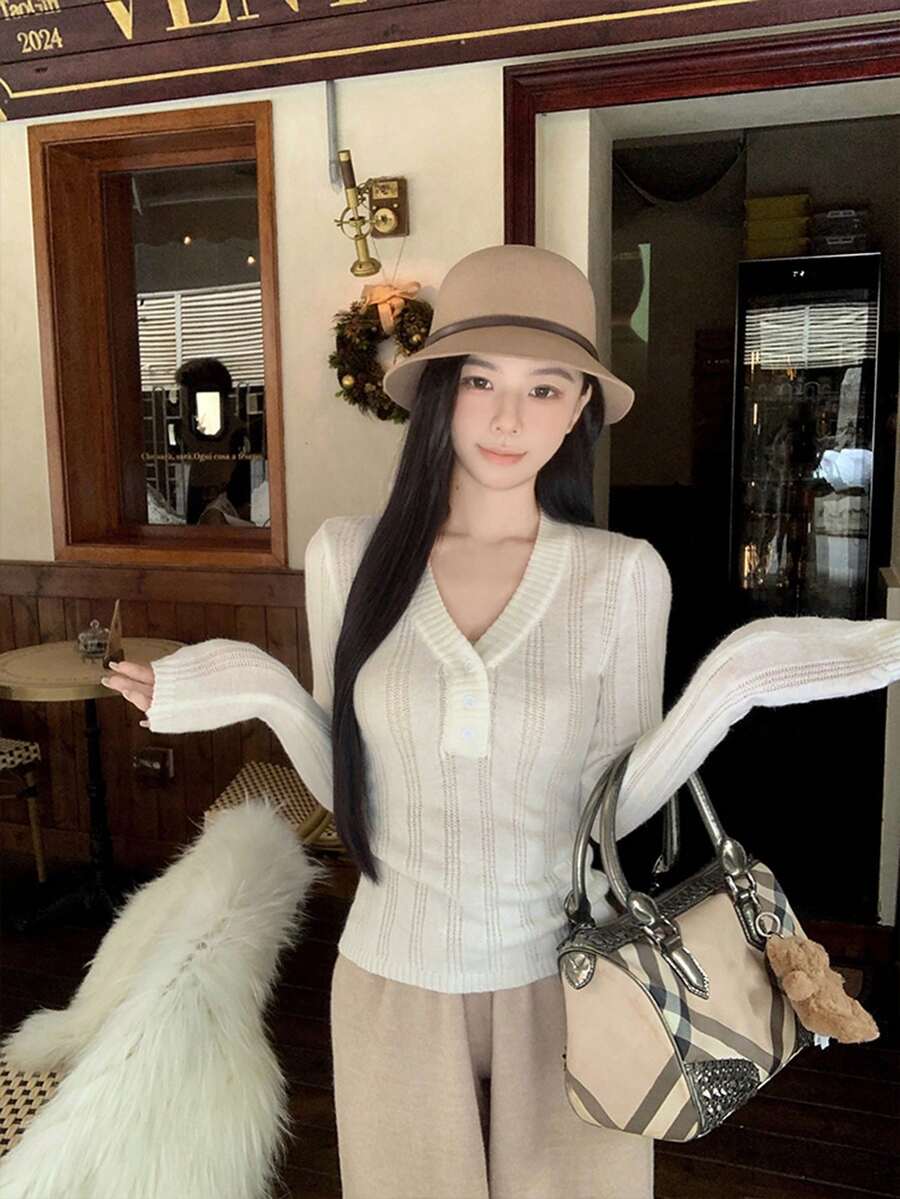 Delicate & Sweet Minimalist Hollow V-Neck Slim Fit Long Sleeve Knit Sweater - White - View 1