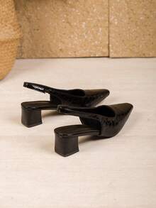 1 Pair Teenage Fashion Crocodile Embossed Pointed Toe Chunky Heel Slingback High Heel Sandals, Suitable For Party, Banquet, Wedding, Comfortable For Commuting, Brown Formal Shoes - Black - View 8