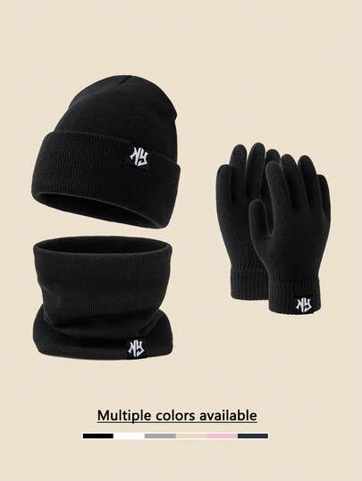 3pcs NY Logo Knit Beanie + Scarf + Gloves Set, Unisex Autumn/Winter Windproof Warm Soft Comfortable Hat, Neck Warmer, Gloves, Suitable For Daily Commute, Study, Work, Gathering, Outdoor Travel, Hiking, Versatile Knit Cap, Essential For Cold Weather Valentines Gift