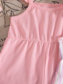 女婴夏季水下动物印花条纹纯色荷叶边袖可爱三件套连体衣,运动服和户外服 - 粉色 - 查看 7