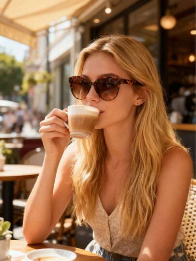 一副男女通用的时尚经典椭圆形大框旅行度假百搭眼镜，适合日常旅行和服装搭配。