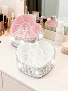 Luxury Sparkling Makeup Organizer Box, Heart-Shaped Crystal Decor Rhinestone Slanted Makeup Brush & Pencil Storage Bucket Holder, Elegant Vanity Dresser Storage Box For Cosmetics, Brushes, Lipsticks And More - Multicolor - View 8