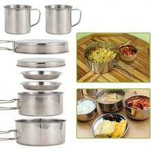 8-Piece Stainless Steel Camping Cookware Set With Pots, Plates, Cups & Handles – The Essential, Practical And Durable Field Kitchen Gear For Camping And Hiking. - Silver - View 10