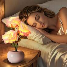 1个郁金香灯，LED仿真郁金香夜灯带花瓶，家居装饰，适用于客厅、书桌，适合圣诞节、母亲节、感恩节和其他节日