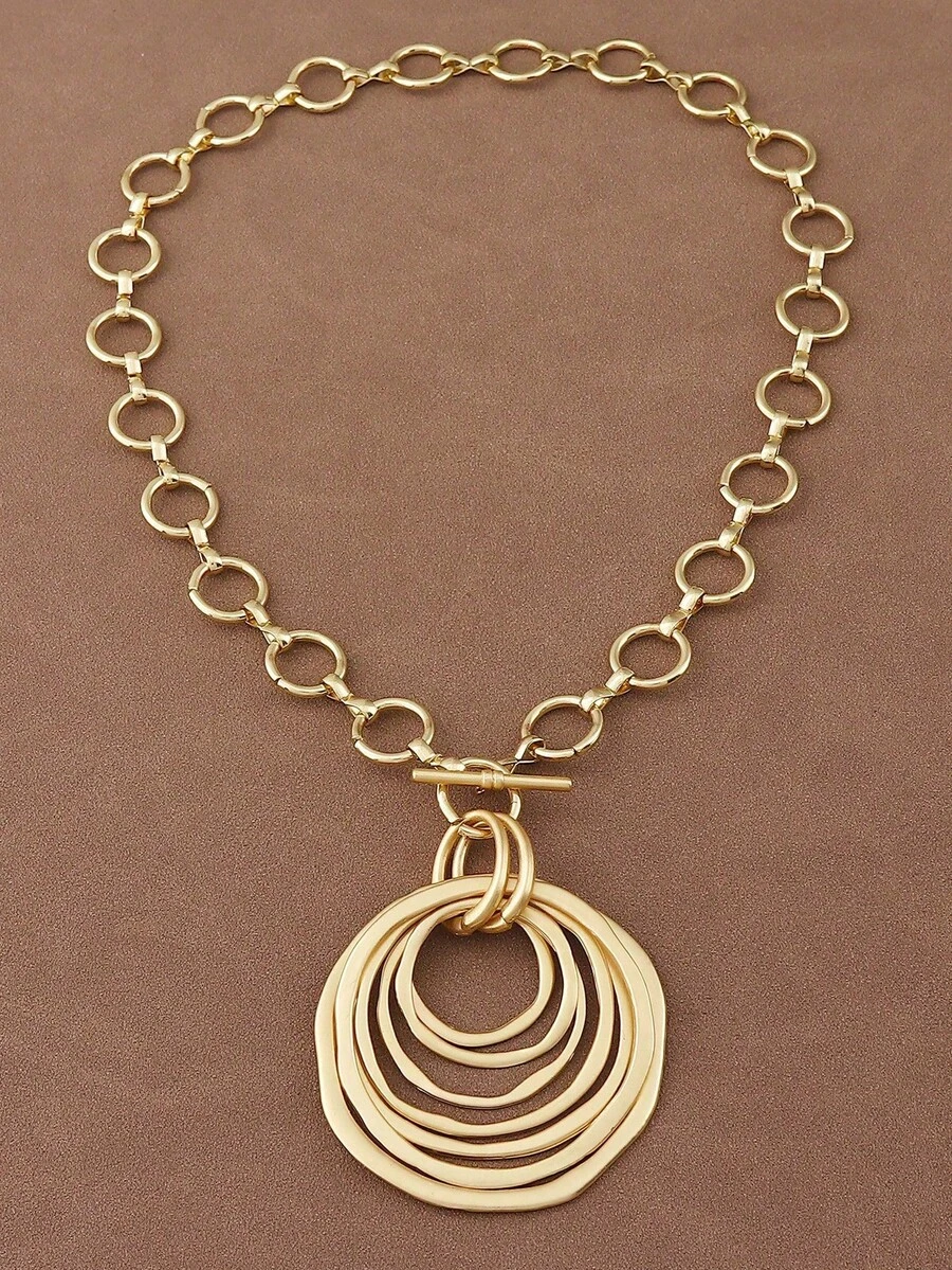 1pc Fashionable Matte Gold/Silver Asymmetric Hollow Square Pendant Chunky Chain Necklace, Suitable For Women's Daily Wear, 18 Inches + 2 Inches Extension Chain - Multi-layered Rings - View 1