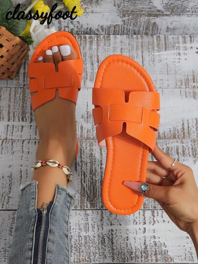 Women's Fashion Snake Skin Pattern Flat Sandals, Orange Summer Slippers,Beach Outfits