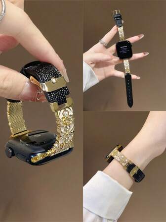 Snyggt Apple-inspirerat klockarmband med emaljblomma och läderarmband med fritt justerbar storlek | Elegant design, kompatibel med Apple Watch Ultra/SE/serien 11/10/9/8/7/6/5/4/3/2/1 | Passar 38 mm 40 mm 41 mm 42 mm 44 mm 45 mm 46 mm 49 mm