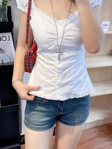 Women Button Down Lace Top V Neck Ruffle Low Cut Cap Sleeved Babydoll Cute Shirt Slim Fit Coquette Blouse - trắng - Xem 3