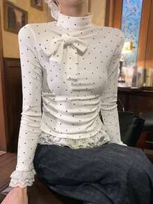 春季韩版优雅蕾丝下摆波点蝴蝶结长袖T恤 - 白色 - 查看 7