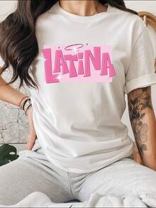 Women's Latin Lettering T-Shirt - Latin Script Top With "LATINA" Print, Round Neck Short Sleeve Blouse For Summer, Casual Casual Attire & Latin Themed Outfits - màu đen - Xem 6