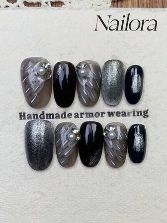 10pcs Handmade Nails Oval Nails Artificial Press On Nails Short Nails, Minimalism Grey Black Nails, Ablaze Glitter Powder Handpainted Irregular Feather, Nail Gems Diamond Pearl Inlaid, Irregular Shape Smudge Paint, Cute Simple Elegant Luxury Handcrafted Autumn Nails Fall Press On Nails, Halloween Nails, Versatile Nails DIY False Nail Art Party Daily & Dating Use Beach Tropical Getaway Suitable Reusable, For Women & Girls As Gift Nail Supplies