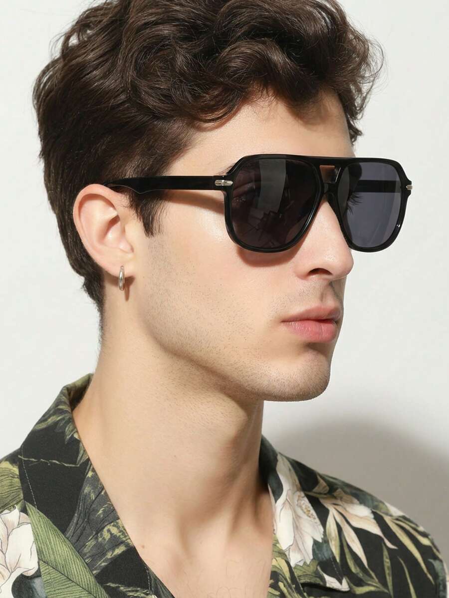 1 par de gafas de hombre con montura cuadrada de PC negra, puente doble, unicolor, estilo minimalista y callejero - Negro - Ver 1