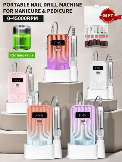 LIMEGIRL 极光日落渐变垂直纹理美甲打磨机 - 快速充电，电池续航持久，带收纳底座，速度可调，低噪音，低震动，6合1钻头套装，便携式DIY美甲美足工具，适用于亚克力指甲和凝胶卸除，橙蓝/橙紫/紫蓝/珍珠白/珊瑚粉