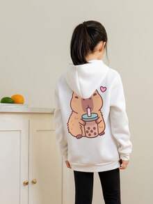 1件少女休闲印花套头卫衣，保暖内衬，长袖，秋冬季 - 白色 - 查看 2