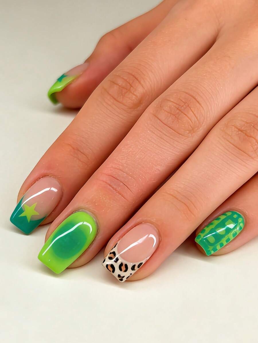Express Your Love With 24pcs Oval Square Press On Nails Elegant Fresh Green French Style Teal Star Leopard Print French Style Pink Nails Fashion Green Gradient Green Tortoiseshell Pattern False Nails Express Your Love With 24pcs Medium Square Press On Nails - Green - View 1