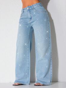 Jeans casuales de cintura baja y pierna ancha de color azul con bolsillos en diagonal y adornos con cuentas, para primavera - Agua verde azul - Ver 4