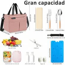 YQQ FUWEN Gran Capacidad Bolsa del Almuerzo Bolsas Térmicas para Hombres y Mujeres Reutilizable con Correa Tenedor Cuchara Cristales Hielo Forro a Prueba de Fugas para Picnic Trabajo Camping2179 - Rosa - Ver 2