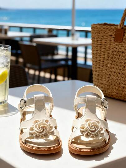 2026新款女童凉鞋，米色3D立体花朵装饰交叉绑带仿皮防滑露趾厚底凉鞋，甜美公主风，适合夏季日常和上学穿着。