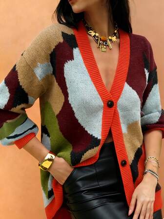 Sea Starshine 2025 Autumn/Winter Fashion Women Casual Versatile Contrast Color Patchwork Long Sleeve Cardigan, Slim Fit Dropped Shoulder Top, Suitable For Autumn, Country Music Festival, Halloween