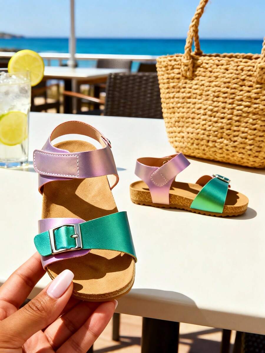 1 par de sandálias infantis femininas em tons de rosa perolado e verde com cadarço, estilo , com tira ajustável no tornozelo, sola macia e design colorido, perfeitas para praia e uso diário no verão. - Verde - Ver 1