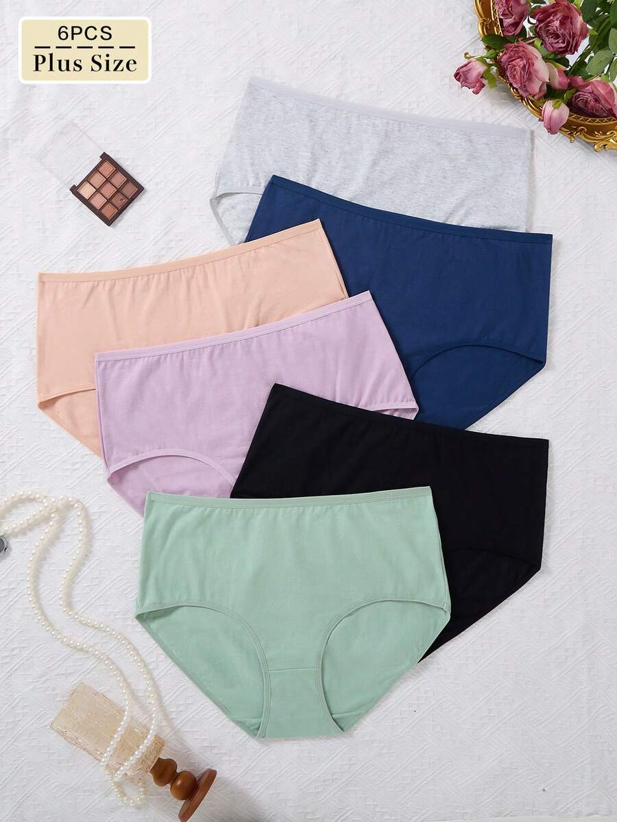 6 piezas Bragas de algodón de talla grande de unicolor, elegantes y cómodas de cintura alta - Multicolor - Ver 1