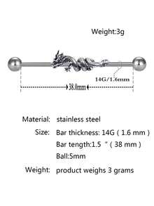 1件装 14G 医用钢工业杠铃耳骨耳环 316L 龙形工业杠铃耳骨耳环 女士身体穿刺饰品 - 銀色 - 查看 9