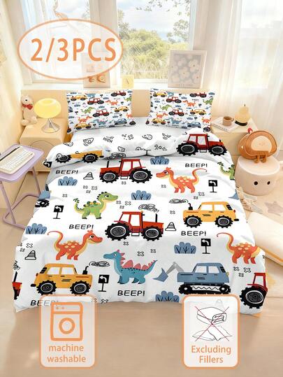 2/3pcs Construction Vehicle Theme Bedding Set (1pc Reversible Duvet Cover + 1/2pc Pillowcase) (Filler Not Included), 100% Polyester, Super King Size Bedding Set, Suitable For Single/Double/Queen/King Bed, Children/Teens/Boys, Children Gift, Size 135*200cm/140*210cm, With 1pc Pillowcase (Filler Not Included)