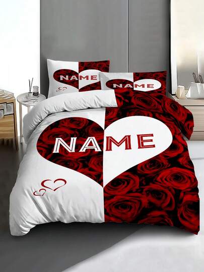 Valentine's Day Decorations2/3pcs Custom Name Heart & Red Rose Bedding Set, Wite Bed Sheets Set, With 1 Duvet Cover And 1-2 Pillowcases, King-Size Bedspread, Bed Sheet, Soft Skin-Friendly Polyester, Machine Washable, Dry Clean. It Is Suitable For Home And Bedroom Decoration,Personalized Gifts,Room Decor, Bedding Double