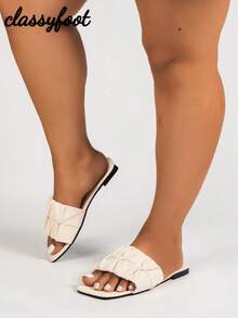 Wide Fit Women's Fashionable Square Toe Ruched Flat Sandals, Black PU Slip-On Summer Holiday Style - Beige - View 6