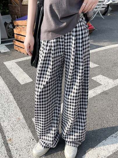 Vintage Plaid High-Waisted Draping Maxi Palazzo Pants