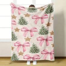 1pc Cozy Bowknot Print Flannel Blanket - Soft, Vintage-Inspired Design With Pink Bows On White, All-Season Comfort For Home, Office, Camping & Travel, Machine Washable, Perfect For Halloween & Christmas Decor, Travel Accessory |   Playful Pattern |   Soft Texture, Blanket For Bed - 多色32 - 查看 13
