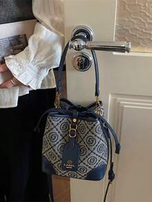 提花蓝色水桶包，百搭时尚，经典手提包，2026新款设计，时尚单肩斜挎包，小众奢华品牌托特包，女士奢华手提包，品牌单肩手提包，抽绳包，酒红色女士包，轻便单肩斜挎包 - 藍色 - 查看 2