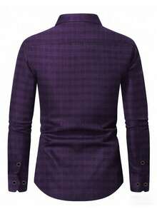 男士经典时尚长袖格子印花衬衫，时尚舒适，适合商务和休闲场合。 - 紫色 - 查看 3