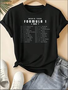 F1 Racing T-Shirt, Unisex Crew Neck VER 1 Print Short Sleeve Tee, Motorsport Racing Stripe Checkered Accent Casual Top, Sporty Style Machine Washable Shirt, Perfect For 4th Of July, Memorial Day, Labor Day, Father's Day, Back To School, Daily Wear, Race Day, Fan Gatherings, Birthday Gift For Son, Boyfriend, Dad, Niece, Spring Summer Outfits, Motorsport F1 Fan Apparel - 黑色 23 - 查看 1