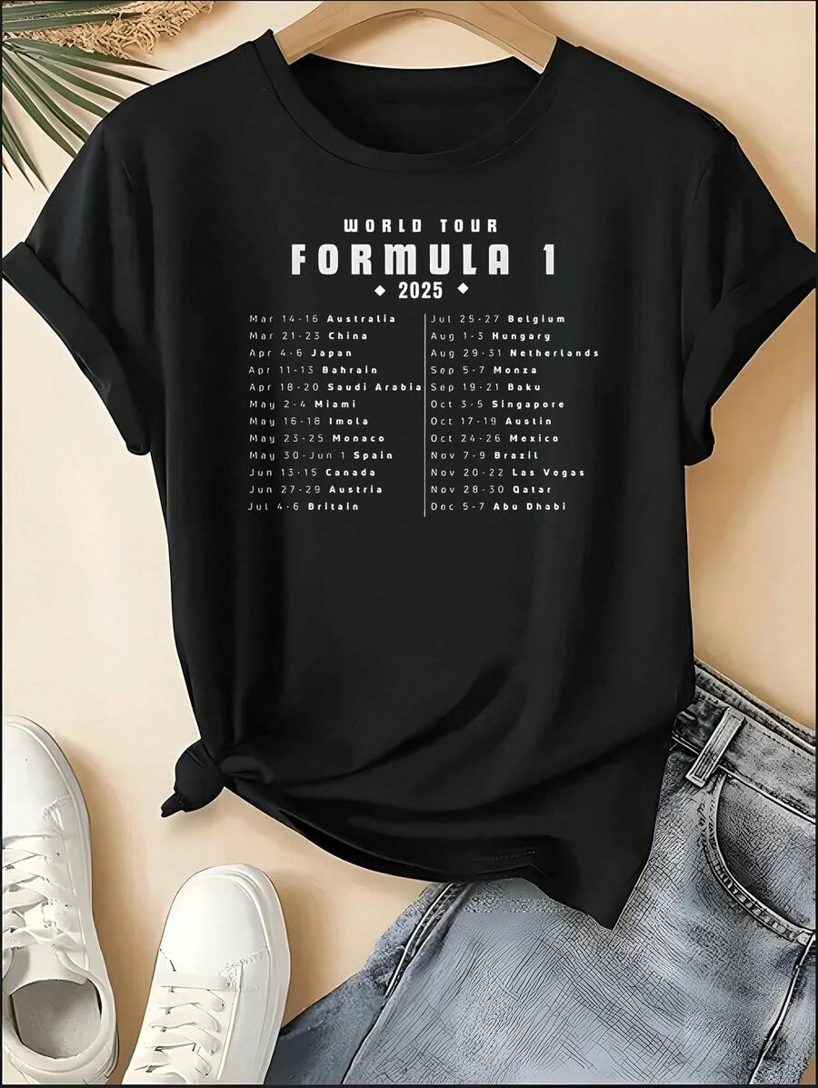 F1 Racing T-Shirt, Unisex Crew Neck VER 1 Print Short Sleeve Tee, Motorsport Racing Stripe Checkered Accent Casual Top, Sporty Style Machine Washable Shirt, Perfect For 4th Of July, Memorial Day, Labor Day, Father's Day, Back To School, Daily Wear, Race Day, Fan Gatherings, Birthday Gift For Son, Boyfriend, Dad, Niece, Spring Summer Outfits, Motorsport F1 Fan Apparel - 黑色 23 - 查看 1
