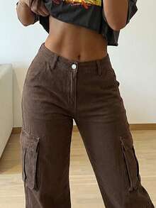 Women's Mid Waist Cargo Jeans With Multi Pockets, Wide Leg Loose Fit Denim Pants With Adjustable Hem - màu nâu - Xem 4