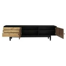 TV Cabinet, Lowboard With Door Panels Featuring A Water Wave Pattern And Three Drawers In A Wood And Black Color Scheme. - 自然色 - 查看 8