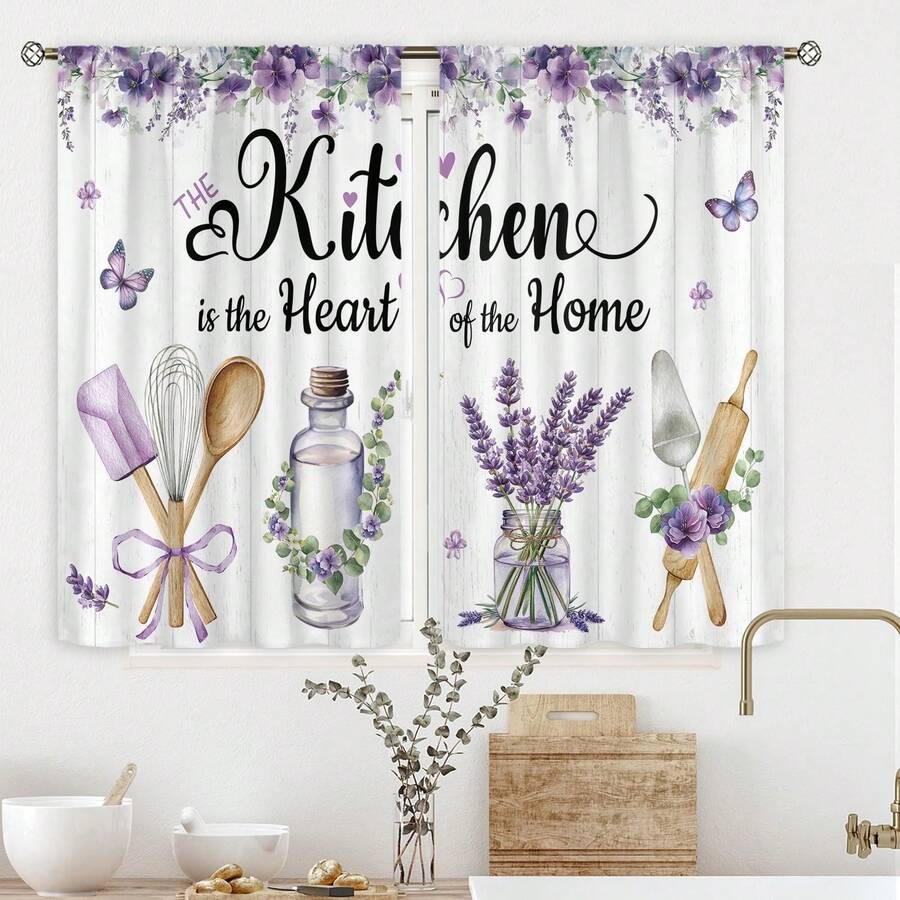 2 Panel 28"X40" Farmhouse Purple Flower Kitchen Curtains Rod Pocket Rustic Floral Lavender Spring Country Wooden Art Printed Funny Quotes Living Room Bedroom Window Drapes, Home Decor, Farmhouse Home Decor - 白色 - 查看 1