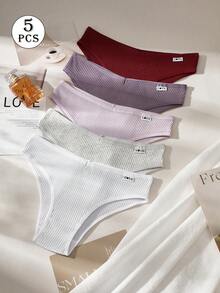 5pcs Pack Women's Ribbed Panties, High Elasticity Solid Color Letter Design Low Waist Briefs - Multicolor - View 12