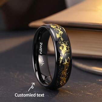 1pc 6MM Customized Elegant Tungsten Steel Ring, Gold Grain Texture Hypoallergenic Tungsten Steel Ring, Customizable Text, Laser Engraved Non-Fading, Ideal Wedding Proposal Gift!