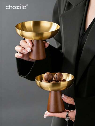 choxila 1pc Golden Stainless Steel Dessert Cup, Ice Cream Bowl With Wooden Bottom, Food Dish, Decorative Plate, Jewelry Tray, Candlestick, Dish, Pudding Cup, For Home, Dessert Shop, Restaurant, Courtyard, Party, Wedding, Ramadan