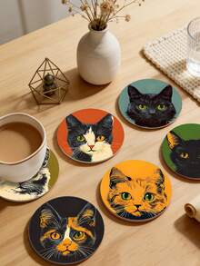 6pcs/Set Realistic Cat Pattern Coasters, Suitable For Home Dining Table Decor, Beverage Coasters, Office Coffee Cup Mats, Wooden Heat-Resistant Coasters, Desktop Decor, Room Decor, Home Decor, Exquisite Birthday Or Holiday Gift - Multicolor - View 5